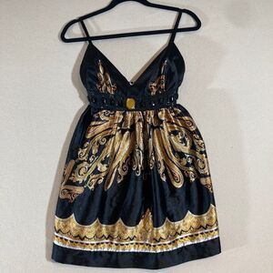 Tramp Babydoll Top Sz Small Black/Gold‎ Satin Rhinestones Maximalist Festival